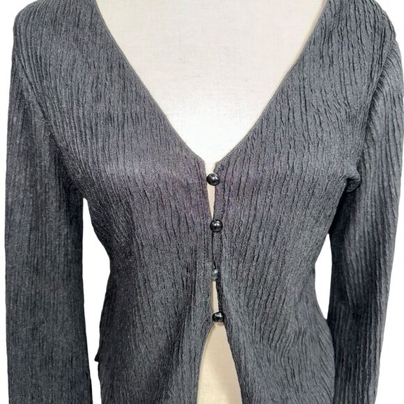 Solid Black Button Down Wide Sleeve Blouse Deep V Neck size L 8/10 stretchy - Picture 3 of 12